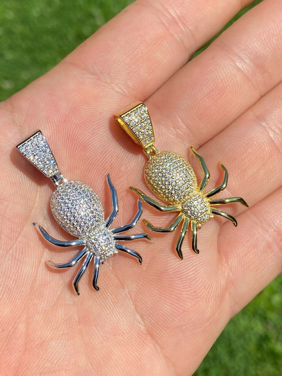HarlemBling Mens Ladies Real 925 Sterling Silver Spider Pendant Necklace Iced Gold HipHop 1