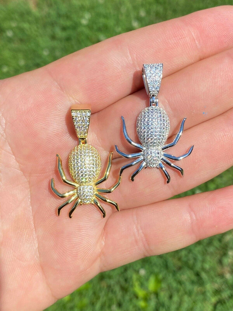 HarlemBling Mens Ladies Real 925 Sterling Silver Spider Pendant Necklace Iced Gold HipHop 1