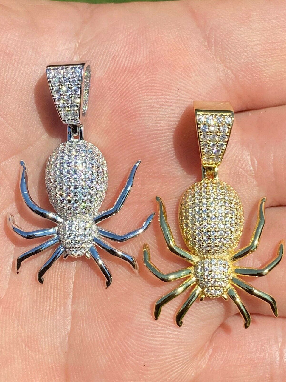 HarlemBling Mens Ladies Real 925 Sterling Silver Spider Pendant Necklace Iced Gold HipHop 1
