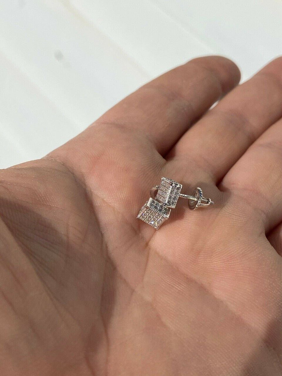 HarlemBling Mens Ladies Real Solid 925 Silver Iced CZ HipHop Earrings Studs Small Cube 1/4