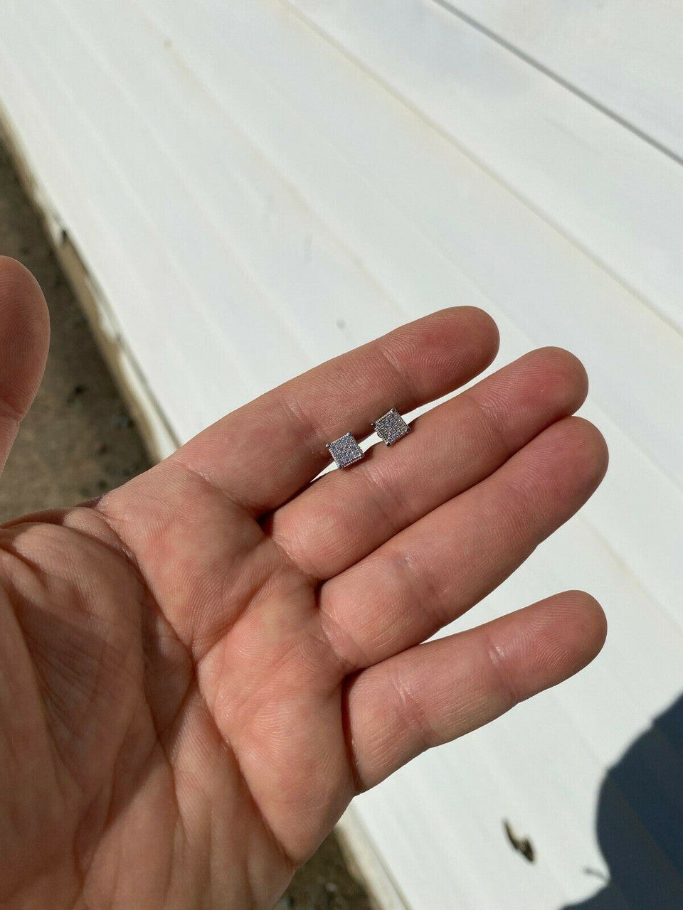 HarlemBling Mens Ladies Real Solid 925 Silver Iced CZ HipHop Earrings Studs Small Cube 1/4