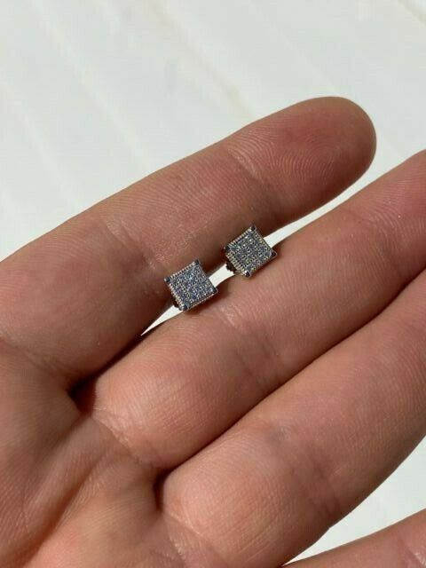 HarlemBling Mens Ladies Real Solid 925 Silver Iced CZ HipHop Earrings Studs Small Cube 1/4