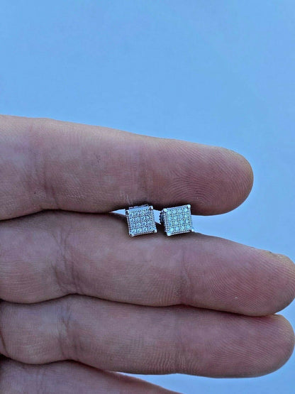 HarlemBling Mens Ladies Real Solid 925 Silver Iced CZ HipHop Earrings Studs Small Cube 1/4