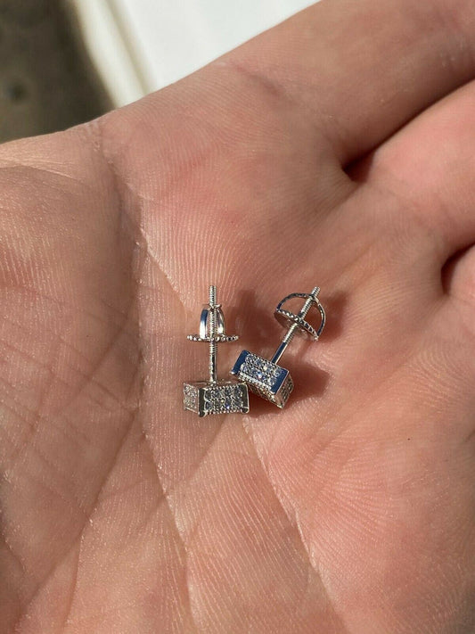 HarlemBling Mens Ladies Real Solid 925 Silver Iced CZ HipHop Earrings Studs Small Cube 1/4