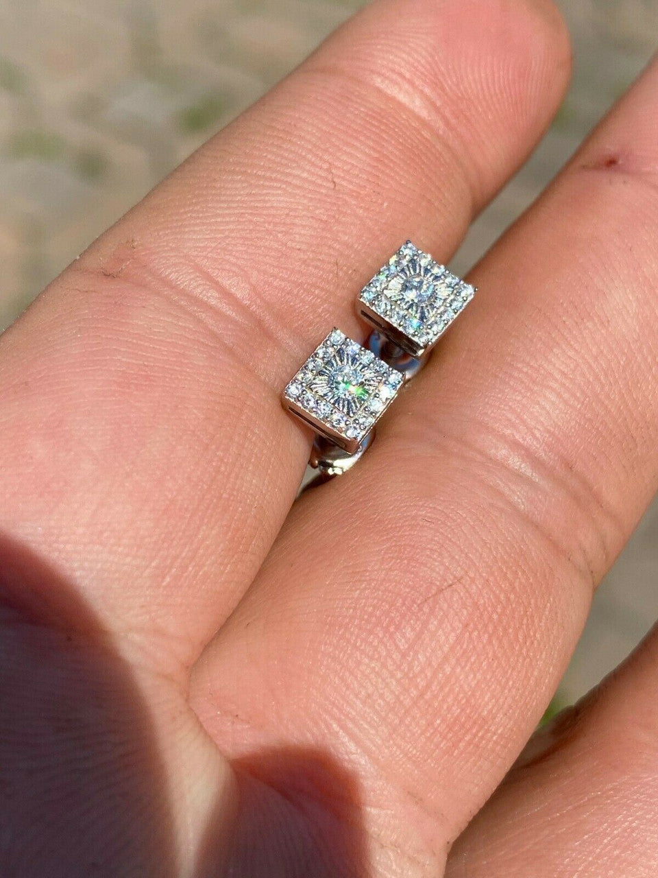 HarlemBling Mens Ladies Real Solid Sterling Silver Iced Diamond Cut Hip Hop Earrings Studs