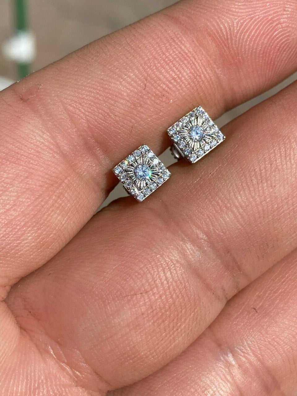 HarlemBling Mens Ladies Real Solid Sterling Silver Iced Diamond Cut Hip Hop Earrings Studs