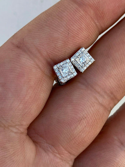 HarlemBling Mens Ladies Real Solid Sterling Silver Iced Diamond Cut Hip Hop Earrings Studs