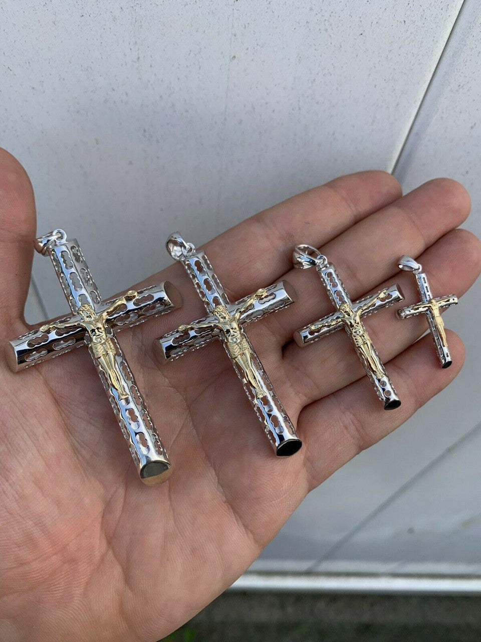 HarlemBling Mens Ladies Solid 925 Silver and 14k Gold Cross Jesus Piece 1-3 ITALY Necklace