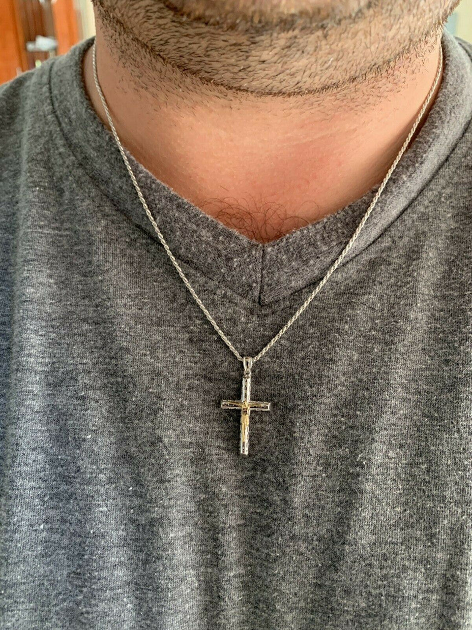 HarlemBling Mens Ladies Solid 925 Silver and 14k Gold Cross Jesus Piece 1-3 ITALY Necklace