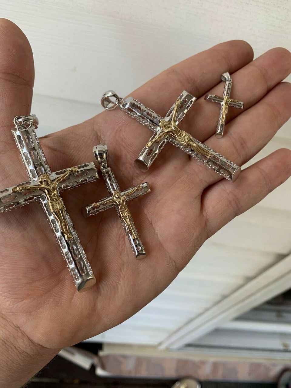 HarlemBling Mens Ladies Solid 925 Silver and 14k Gold Cross Jesus Piece 1-3 ITALY Necklace