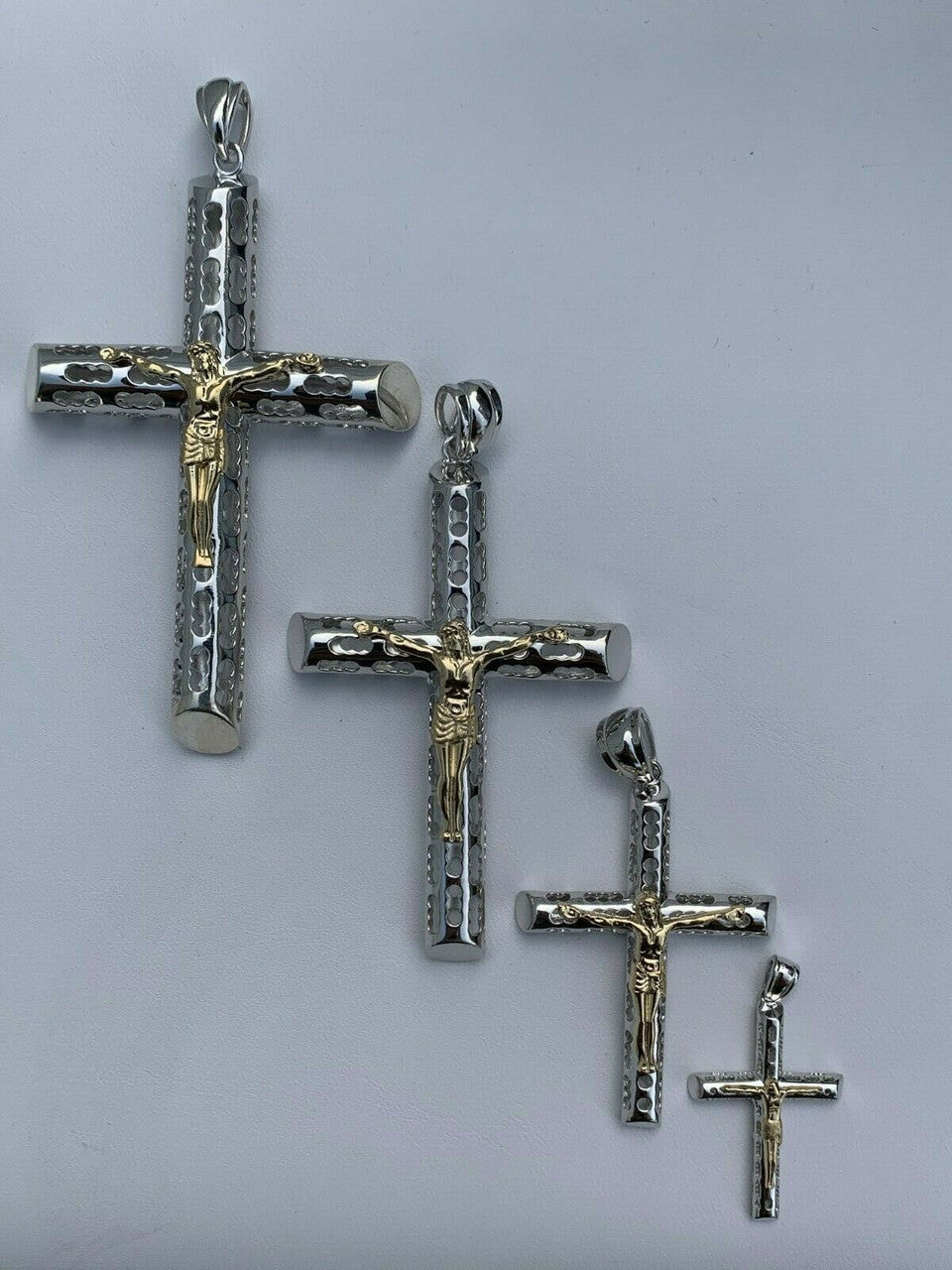 HarlemBling Mens Ladies Solid 925 Silver and 14k Gold Cross Jesus Piece 1-3 ITALY Necklace