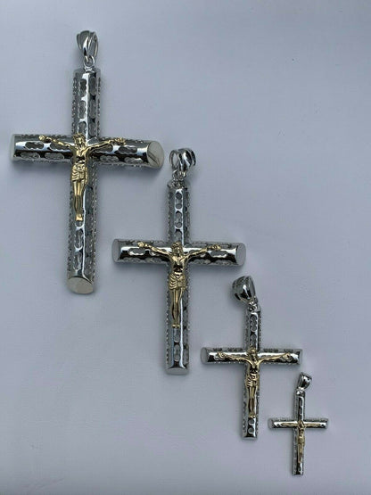 HarlemBling Mens Ladies Solid 925 Silver and 14k Gold Cross Jesus Piece 1-3 ITALY Necklace
