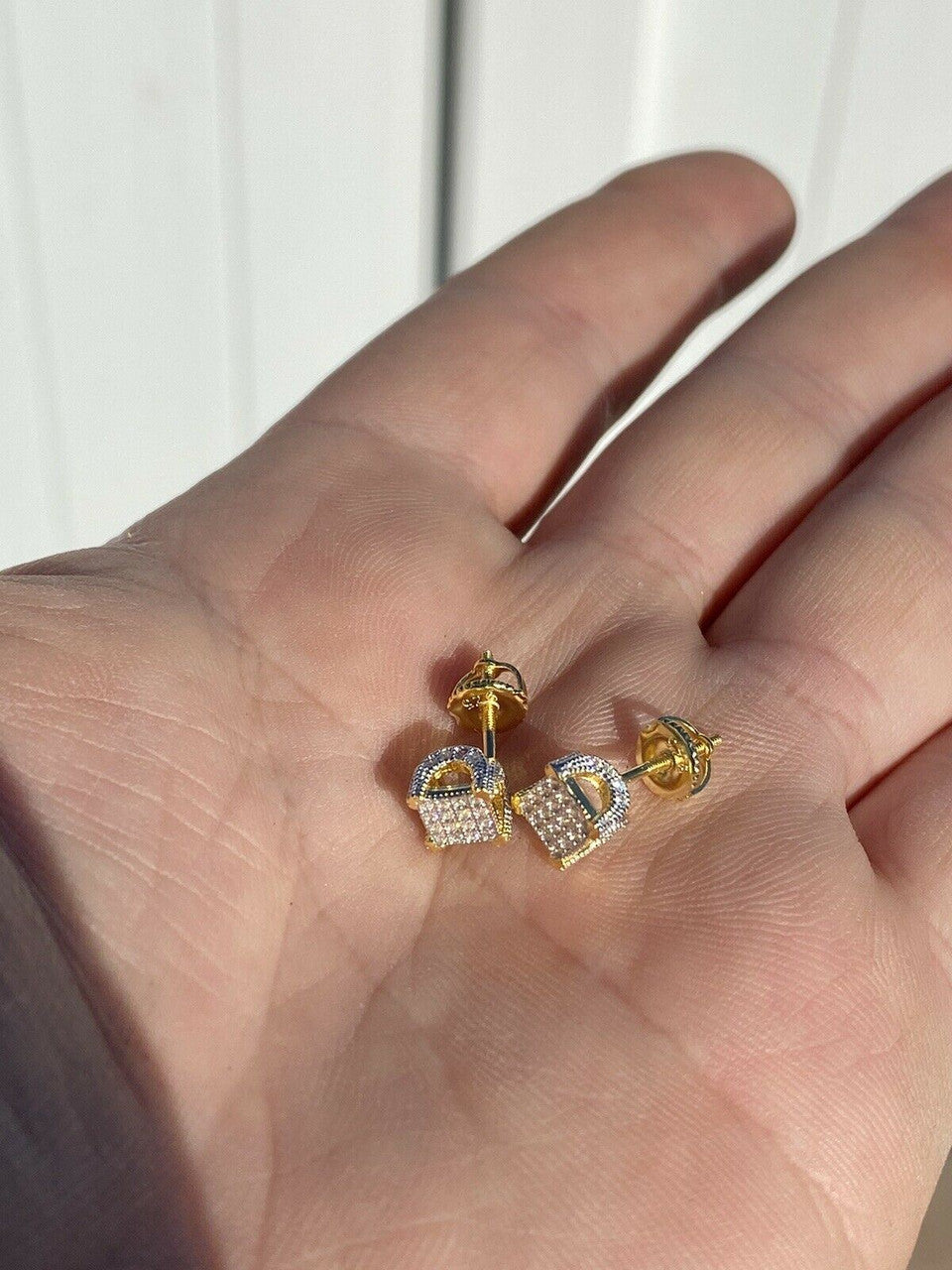 HarlemBling Mens Ladies Solid 925 Silver and 14k Gold CZ Iced Earrings Studs Small 1/4 Square