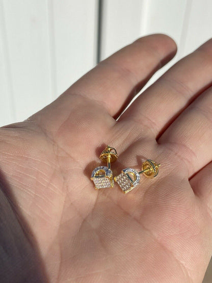 HarlemBling Mens Ladies Solid 925 Silver and 14k Gold CZ Iced Earrings Studs Small 1/4 Square