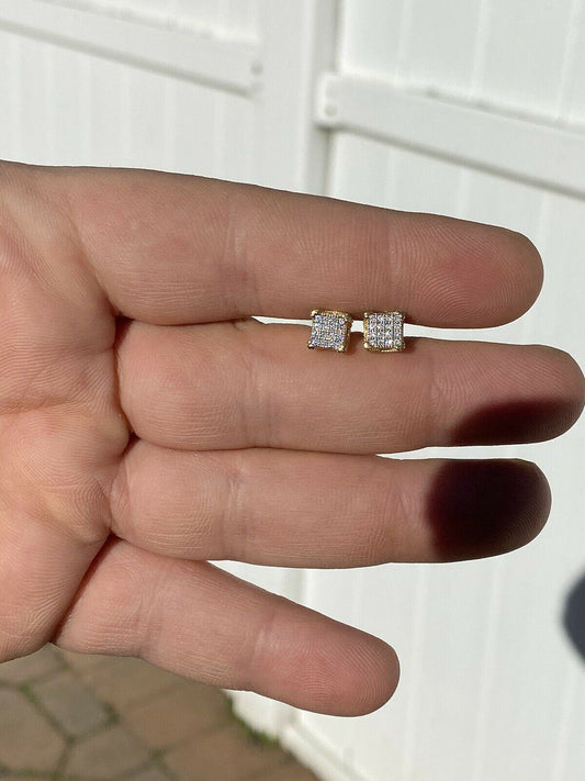 HarlemBling Mens Ladies Solid 925 Silver and 14k Gold CZ Iced Earrings Studs Small 1/4 Square