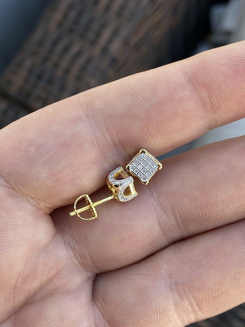 HarlemBling Mens Ladies Solid 925 Silver and 14k Gold CZ Iced Earrings Studs Small 1/4 Square