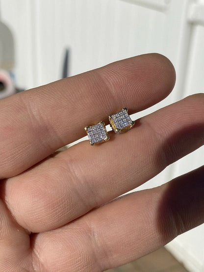 HarlemBling Mens Ladies Solid 925 Silver and 14k Gold CZ Iced Earrings Studs Small 1/4 Square