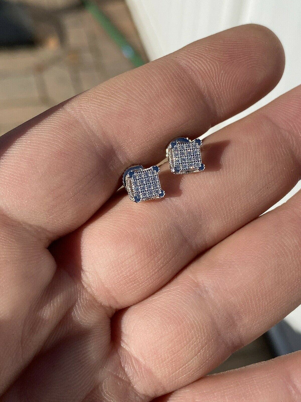 HarlemBling Mens Ladies Solid 925 Sterling Silver Iced Earrings Cube Studs Small 1/4 Square