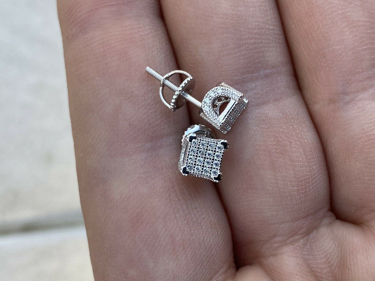 HarlemBling Mens Ladies Solid 925 Sterling Silver Iced Earrings Cube Studs Small 1/4 Square