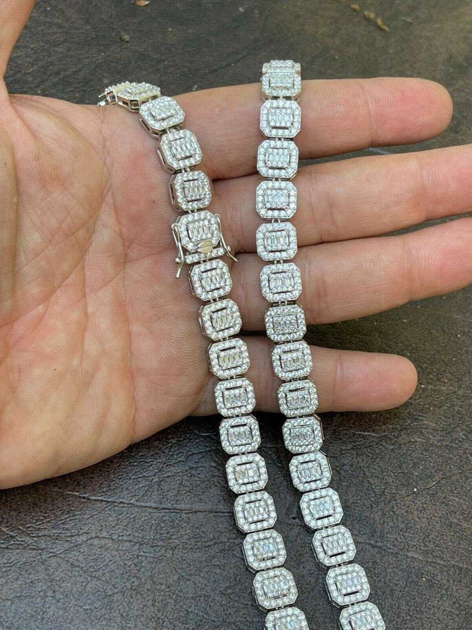 HarlemBling Mens Ladies Square 10mm Baguette Chain Real 925 Silver Iced Flooded Out Diamond