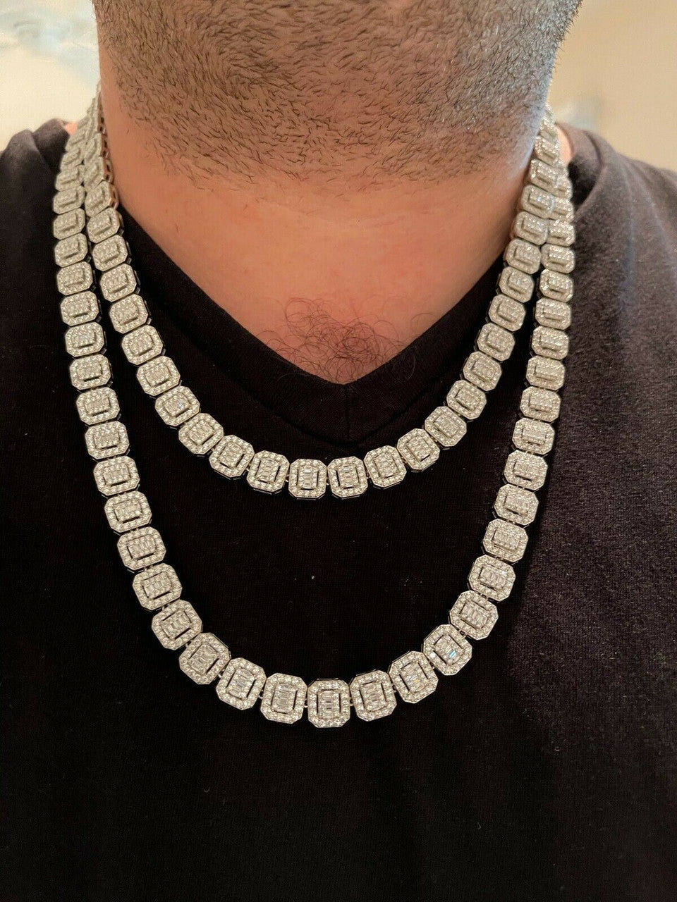 HarlemBling Mens Ladies Square 10mm Baguette Chain Real 925 Silver Iced Flooded Out Diamond