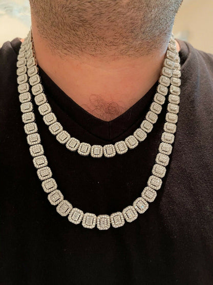 HarlemBling Mens Ladies Square 10mm Baguette Chain Real 925 Silver Iced Flooded Out Diamond