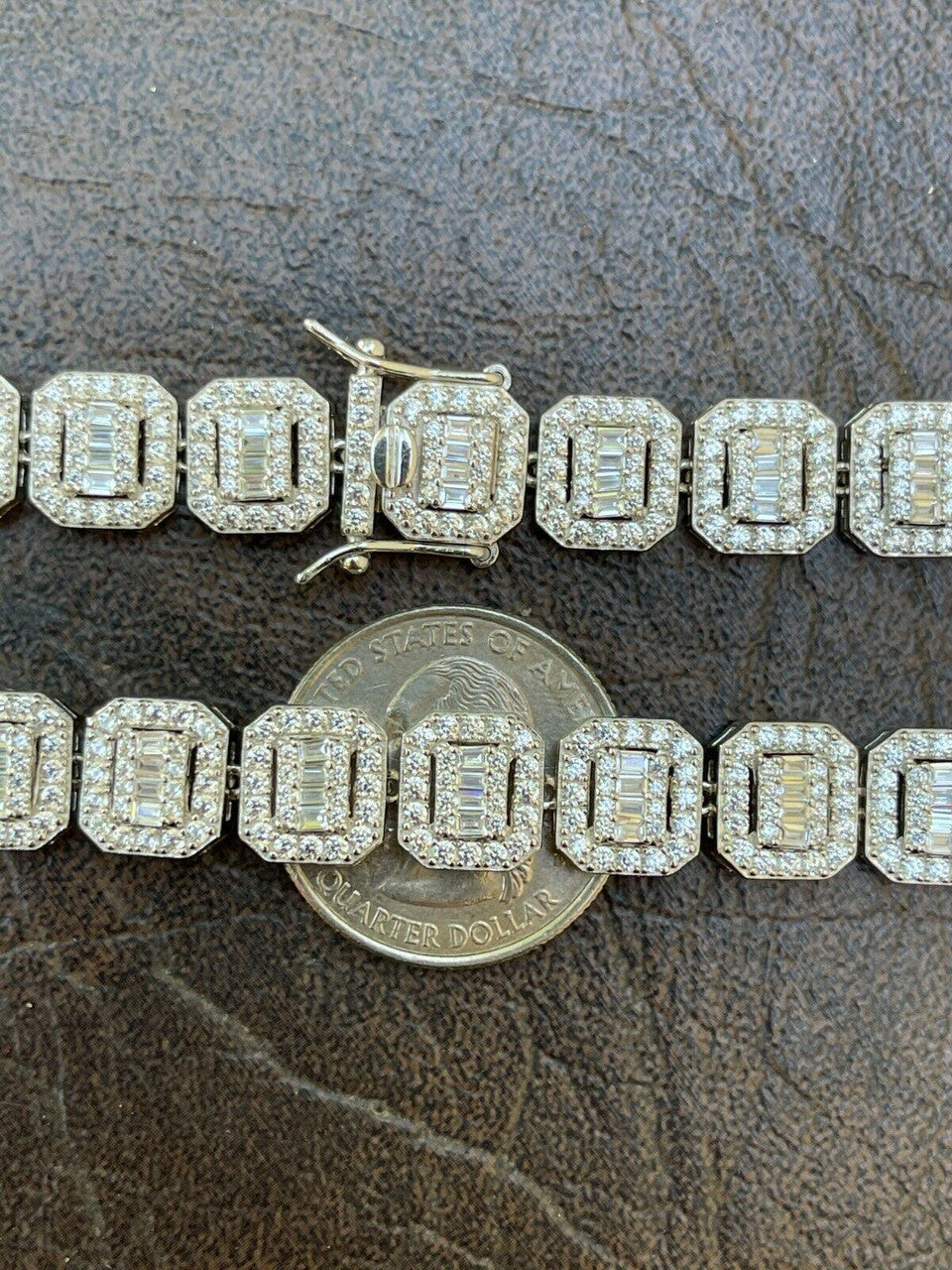 HarlemBling Mens Ladies Square 10mm Baguette Chain Real 925 Silver Iced Flooded Out Diamond