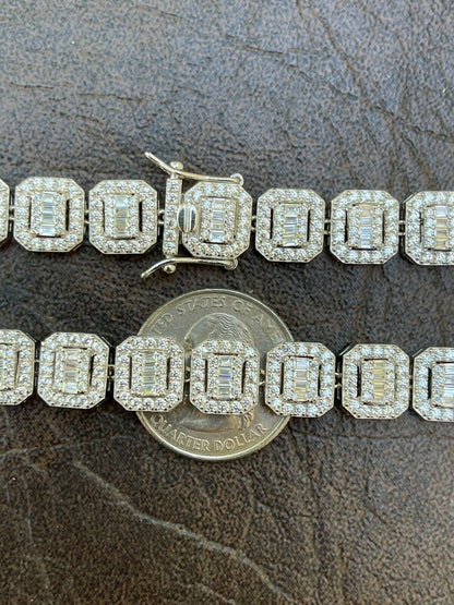 HarlemBling Mens Ladies Square 10mm Baguette Chain Real 925 Silver Iced Flooded Out Diamond
