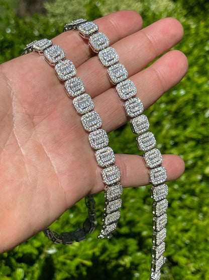HarlemBling Mens Ladies Square 10mm Baguette Chain Real 925 Silver Iced Flooded Out Diamond