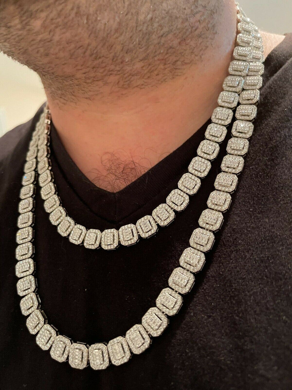 HarlemBling Mens Ladies Square 10mm Baguette Chain Real 925 Silver Iced Flooded Out Diamond