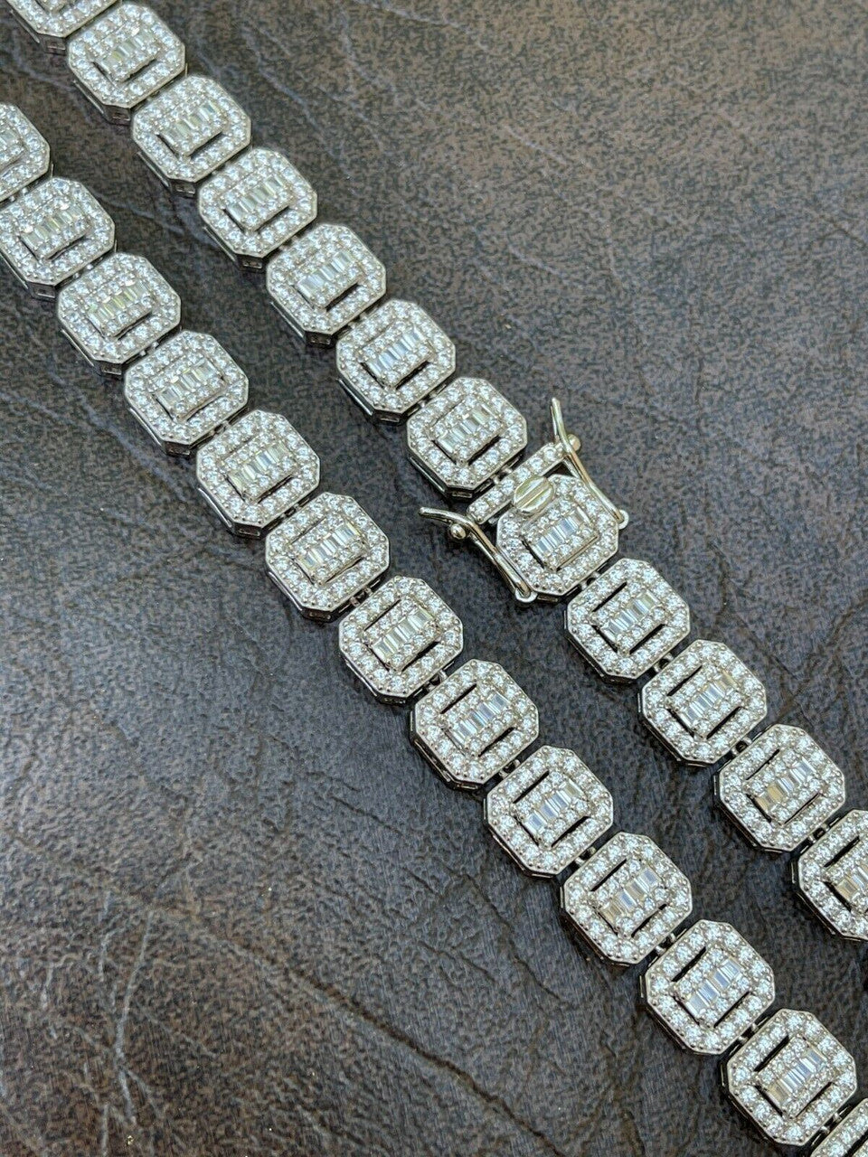 HarlemBling Mens Ladies Square 10mm Baguette Chain Real 925 Silver Iced Flooded Out Diamond
