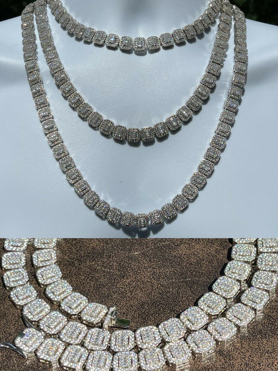 HarlemBling Mens Ladies Square 10mm Baguette Chain Real 925 Silver Iced Flooded Out Diamond