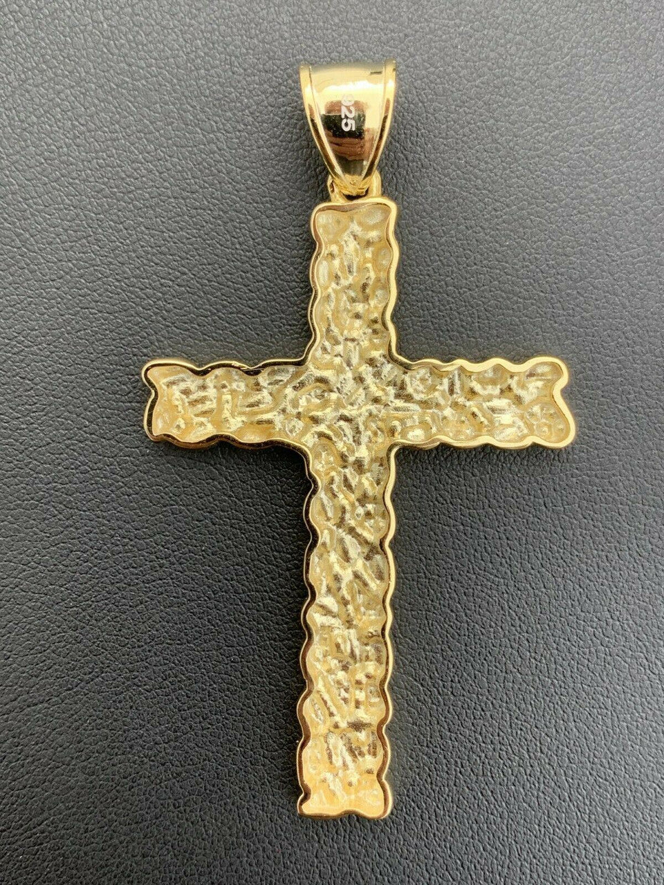 HarlemBling Mens Large 2.25 Gold Nugget Cross 14k Gold Over Solid 925 Silver Necklace Chain