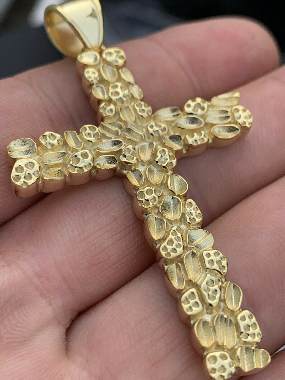 HarlemBling Mens Large 2.25 Gold Nugget Cross 14k Gold Over Solid 925 Silver Necklace Chain