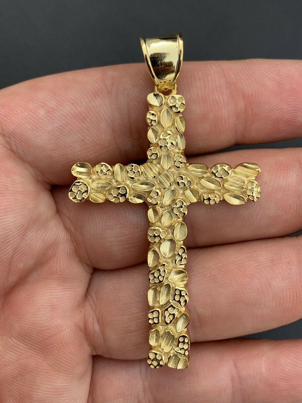 HarlemBling Mens Large 2.25 Gold Nugget Cross 14k Gold Over Solid 925 Silver Necklace Chain