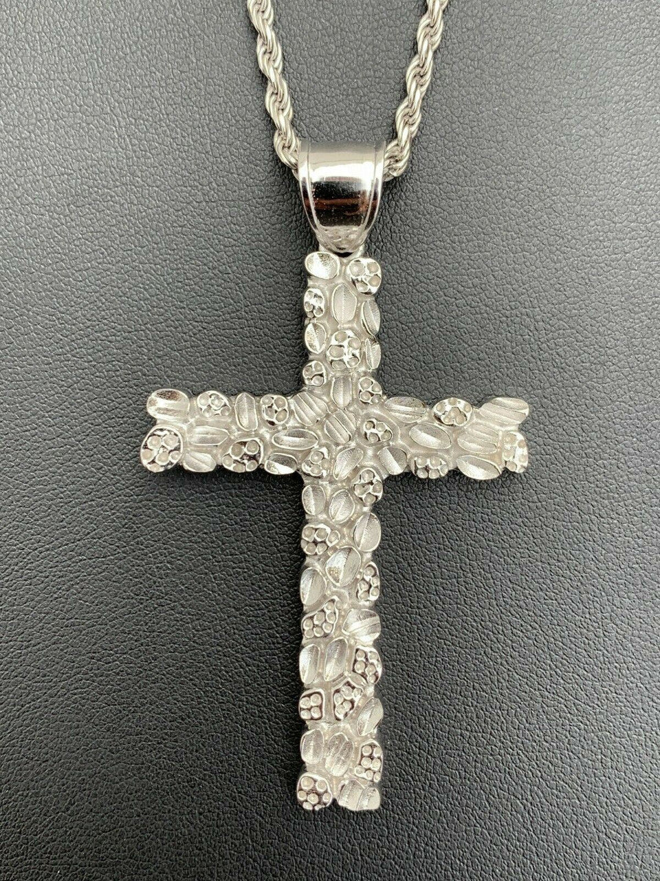 HarlemBling Mens Large 2.25 Solid 925 Sterling Silver Nugget Cross Pendant Crucifix Chain