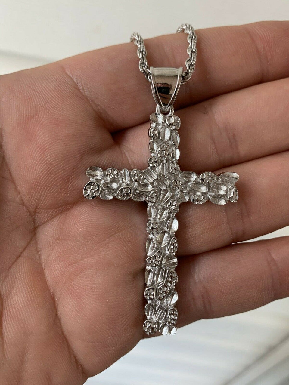 HarlemBling Mens Large 2.25 Solid 925 Sterling Silver Nugget Cross Pendant Crucifix Chain
