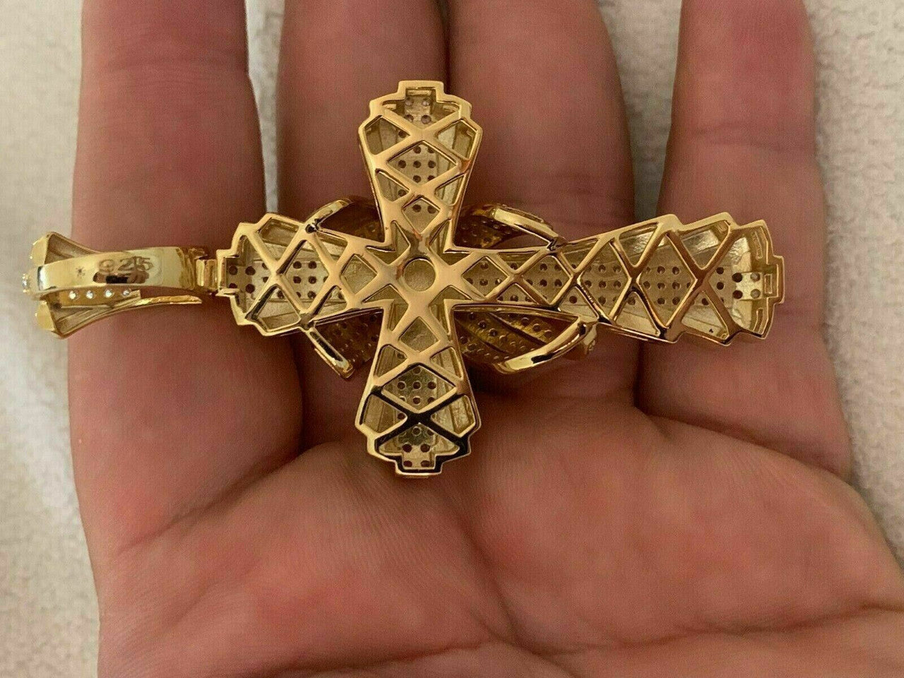 HarlemBling Mens Large Cross Pendant Solid 925 Sterling Silver 14k Gold Plated ICY Hip Hop