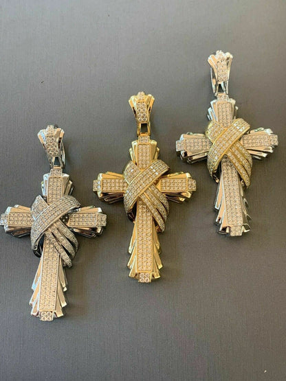 HarlemBling Mens Large Cross Pendant Solid 925 Sterling Silver 14k Gold Plated ICY Hip Hop
