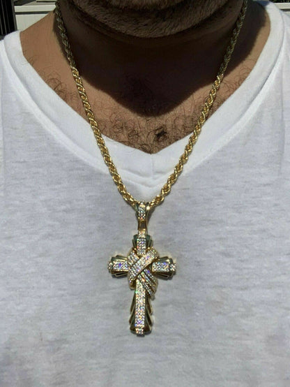 HarlemBling Mens Large Cross Pendant Solid 925 Sterling Silver 14k Gold Plated ICY Hip Hop