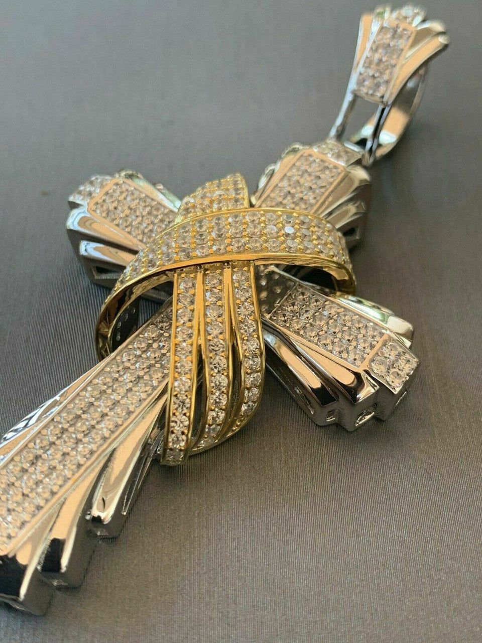 HarlemBling Mens Large Cross Pendant Solid 925 Sterling Silver 14k Gold Plated ICY Hip Hop