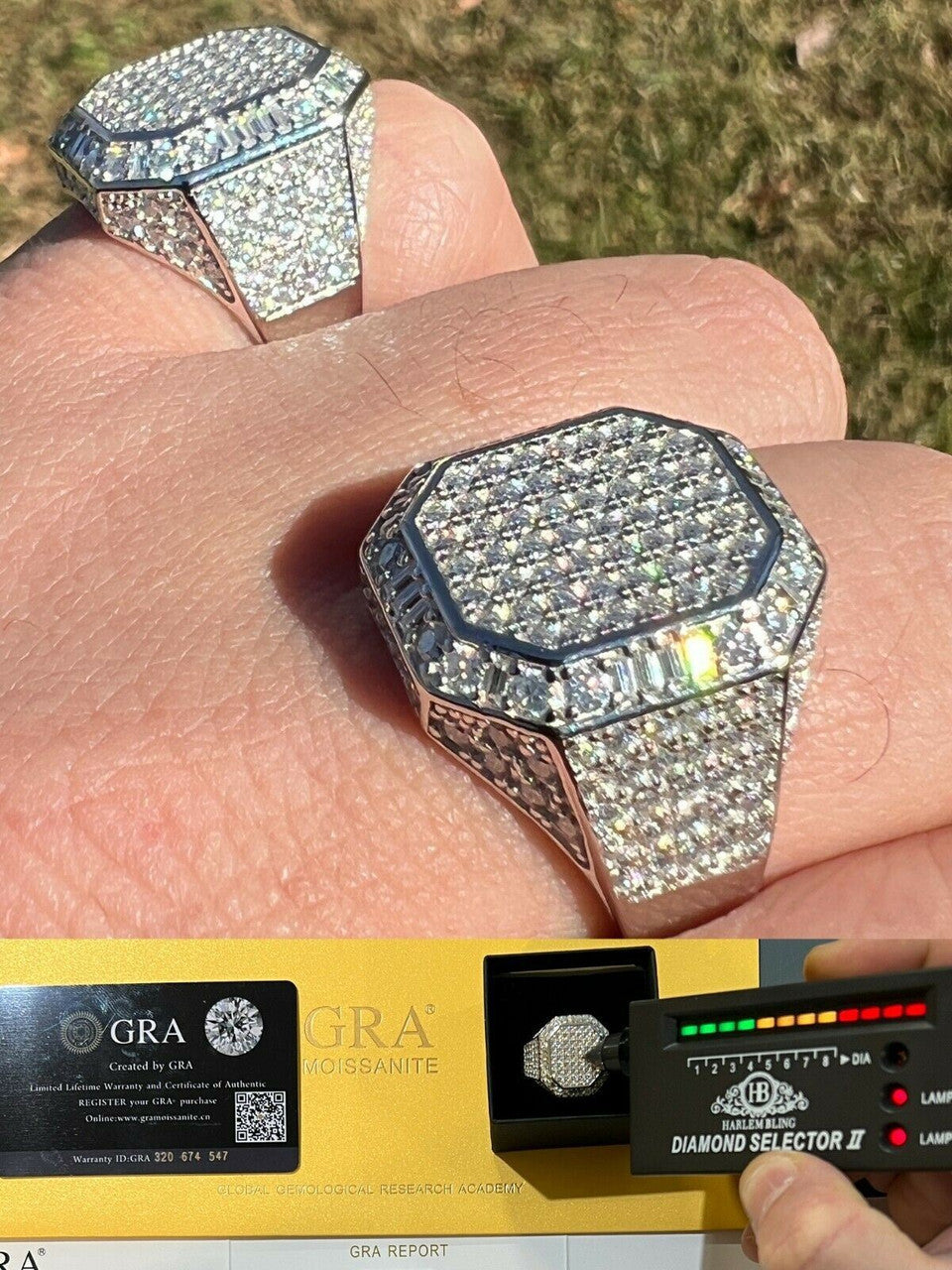 HarlemBling Mens Large Real 925 Silver 3ct MOISSANITE Pinky RING Hip Hop Pass Diamond Test