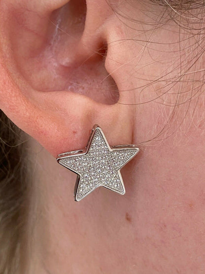 HarlemBling Mens Large Real 925 Sterling Silver Iced Star Diamond Hip Hop Earrings Screwback