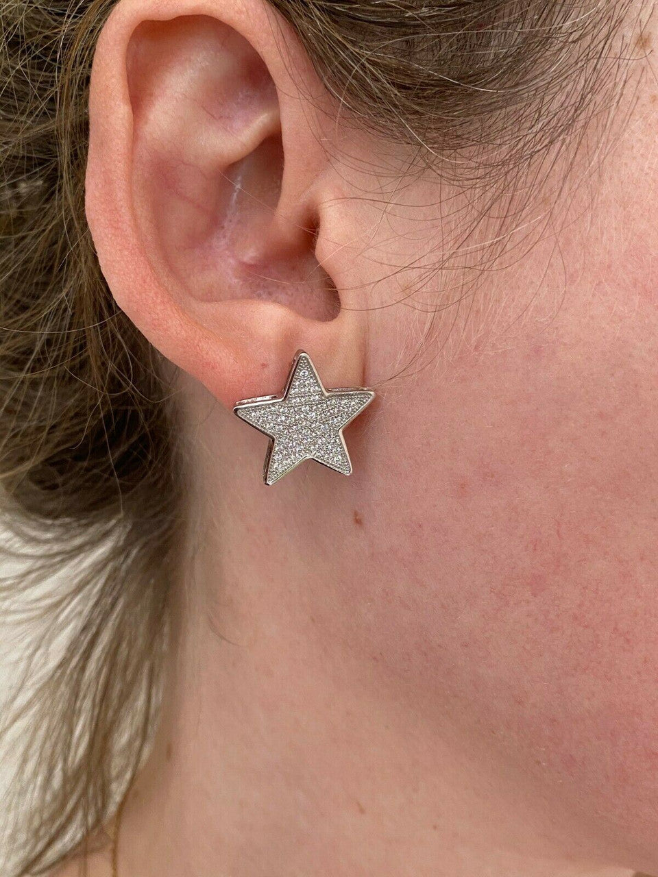 HarlemBling Mens Large Real 925 Sterling Silver Iced Star Diamond Hip Hop Earrings Screwback