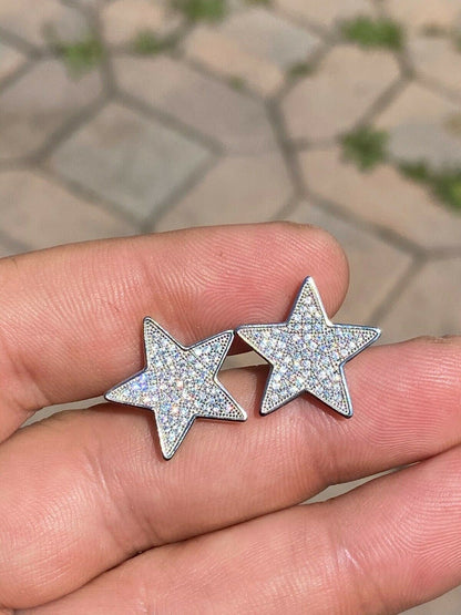 HarlemBling Mens Large Real 925 Sterling Silver Iced Star Diamond Hip Hop Earrings Screwback