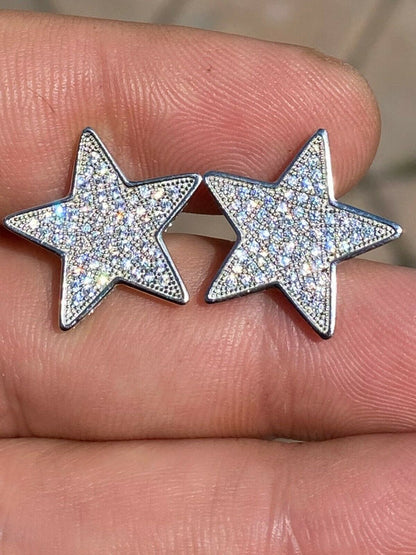 HarlemBling Mens Large Real 925 Sterling Silver Iced Star Diamond Hip Hop Earrings Screwback