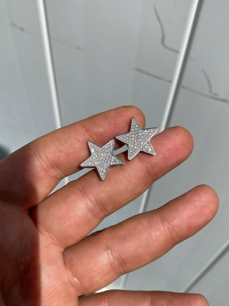 HarlemBling Mens Large Real 925 Sterling Silver Iced Star Diamond Hip Hop Earrings Screwback