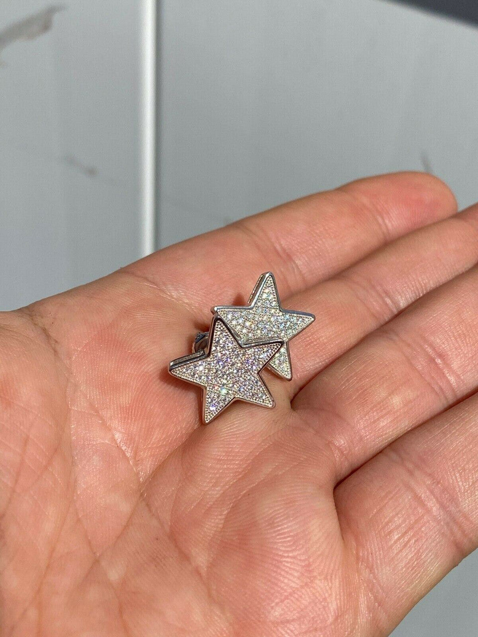 HarlemBling Mens Large Real 925 Sterling Silver Iced Star Diamond Hip Hop Earrings Screwback