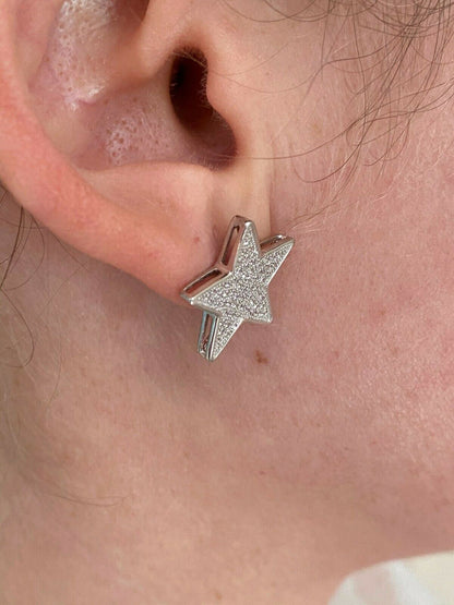 HarlemBling Mens Large Real 925 Sterling Silver Iced Star Diamond Hip Hop Earrings Screwback