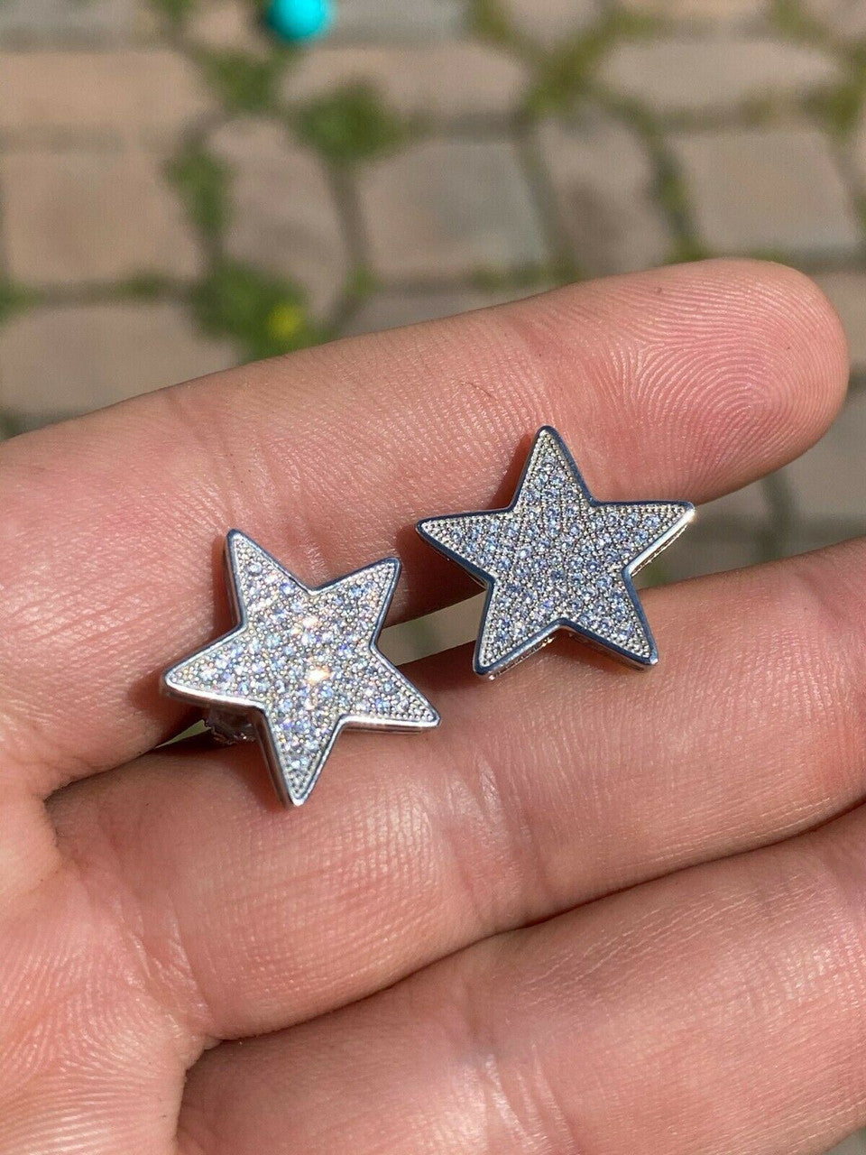 HarlemBling Mens Large Real 925 Sterling Silver Iced Star Diamond Hip Hop Earrings Screwback